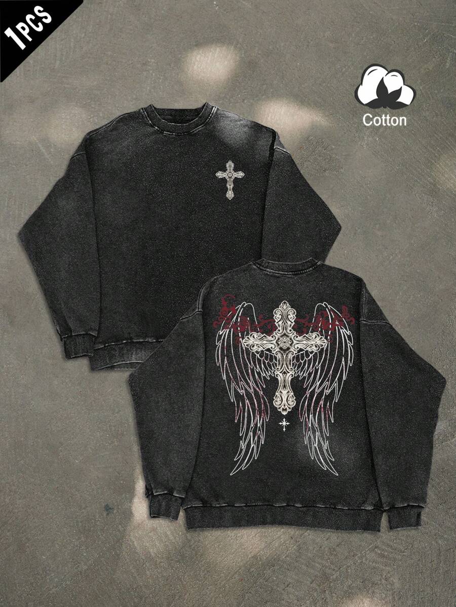 PAVTROS Manfinity Streetrush 1pc Men's Casual Cross And Wing Print Pullover Sweatshirt, Autumn Going Out Street Wear Crew Neck Friends Graphic Long Sleeve Cotton Sweatshirt, For Friends, Husband, Boyfriend Gifts, Emo Style, 2000s Style - Black - View 1