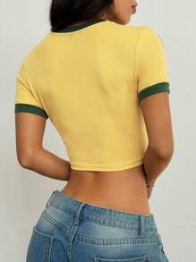 SHEIN EZwear Áo thun nữ tay ngắn bó sát họa tiết Brazil Colorblock, thích hợp cho mùa thể thao xuân/hè - Màu vàng - Xem 9