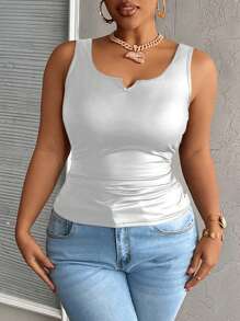 Slaydiva Plus Size Casual All-Match Black Faux Leather Cami Top With Deep U-Neck And Racerback - Silver - View 3