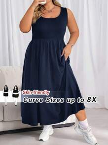 SHEIN CURVE+ Plus Size Women's Solid Color Basic Sleeveless Dressbeach Outfits For Woman/Beach Dress/Beach Vacation Outfits/Beach Essentials / Graduation/Tea Party Dress - Navy Blue - View 1