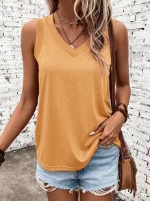 SHEIN Clasi 纯色 V 领无袖背心，夏季简约时尚 - 橘色 - 查看 1
