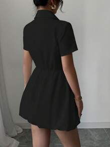 Elenzga Women's Black Summer Elegant Short Sleeve Casual Shirt Mini Dress,Solid Color Office Outfits For Ladies Dining,Fashion Elegant Dresses For Women - Black - View 2