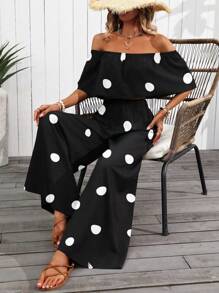 SHEIN PETITE 女式夏季新款荷叶边露肩上衣和阔腿裤套装（各种花卉印花） - 黑色 - 查看 4