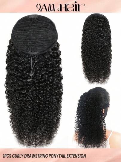 1 pieza Extensión de cabello humano Remy de color negro natural con densidad del 120% y rizo de cola de caballo con cordón, para uso diario