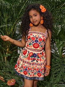 SHEIN SLAYR KIDS Tween Girl Fashion Holiday Floral Print Tank Top & Placement Flower Print Skirt 2pcs Set Mommy And Me Matching Outfits (2 Sets Sold Separately) - White - View 2