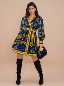 Travachic Plus Size Women's Tropical Plant Print Long Sleeve Dress, Vacation - Blue - View 6