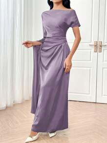 Modelyn Gaun Malam Panjang Wanita Warna Polos Asimetris dengan Rumbai Elegan Warna Biru - Dusty Purple - View 4