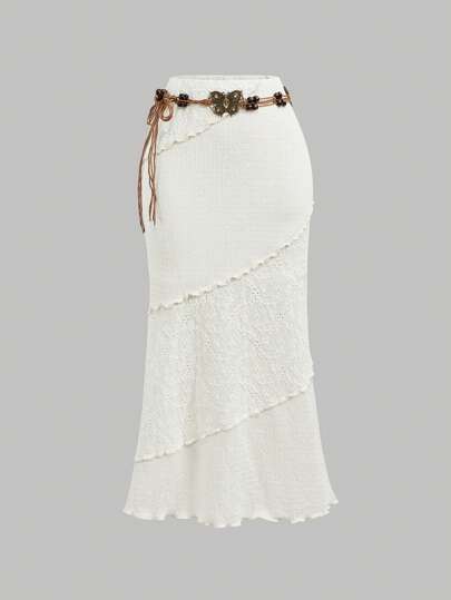 SHEIN MOD Falda bohemia con bloques de color albaricoque para mujer, con cinturón