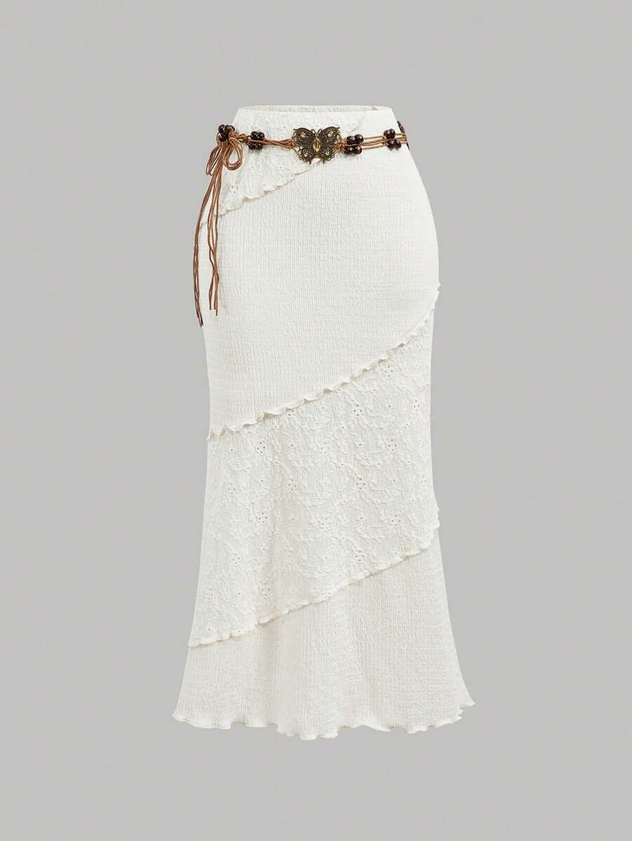 SHEIN MOD 杏色拼接波西米亚风半身裙，配腰带，适合春夏穿着，复古风，可用于约会、派对、生日、节日等场合。波西米亚风格，奶油色半身裙，休闲半身裙，度假白色半身裙，沙滩半身裙，适合度假、晚餐、70年代复古风、西部风格半身裙。 - 杏色 - 查看 1