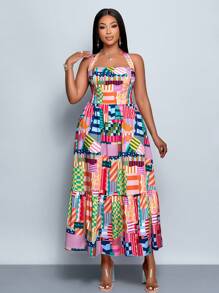 SOLERSUN New Spring And Summer Plus Size Women's Vacation Daily Leisure Outing Color Bar Digital Print Halter Sleeveless Dress - Multicolor - View 2