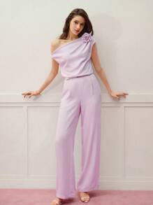 MOTF PREMIUM TOP ASIMÉTRICO DE CUELLO CON ESTAMPADO FLORAL ESTÉREO Y PANTALONES - Rosa Pálido - Ver 5