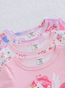 Bộ đồ ngủ 6 món cho bé gái, in hình kỳ lân hoa lá, cổ tròn, tay ngắn và quần legging, quần áo trẻ em gái, quần áo mùa hè cho bé gái, đồ ngủ ôm sát, đồ ngủ vừa vặn. - Nhiều màu - Xem 4