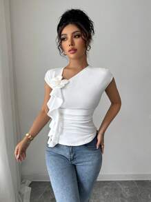 Elenzga Dames Lente/Zomer Elegante Modieuze Getailleerde Gerimpelde 3D Bloemen Decoratieve Gebogen Zoom Korte Mouw T-shirt, Geschikt Voor Dagelijks Casual, Feest, Woon-werkverkeer