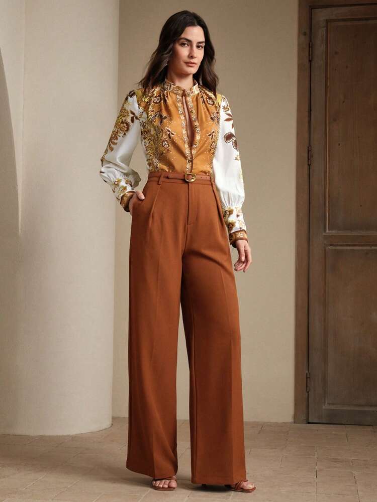 Luxury French Design Elegant Puff Print Women Blouse, Suitable For Spring, Festival, Vacation, Holiday