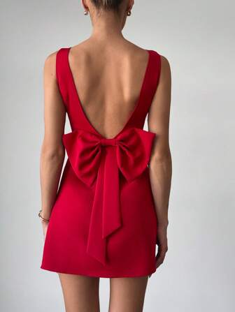 Firerie Nuevo elegante vestido mini rojo de vacaciones, diseño sexy de espalda abierta con lazo para mujer, vestido para invitada de boda, vestido para fiesta de novia/Vestido blanco de espalda descubierta y con lazo para el sol