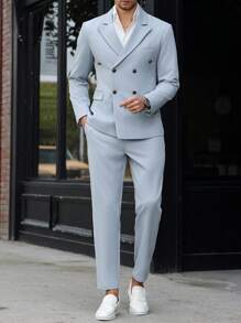 Manfinity Mode Plus Size Men's Simple & Fashionable Summer Suit - Blazer And Trousers Set - Light Grey - View 3