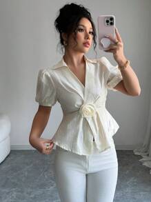 SHEIN Unity Women's Solid Color V-Neck Short Sleeve Floral 3D Shirt - Apricot - View 4