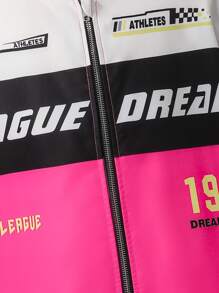 SHEIN Tween Girls Red And Black Letter Print Stand Collar Contrast Color Loose Bomber Jacket - Hot Pink - View 6