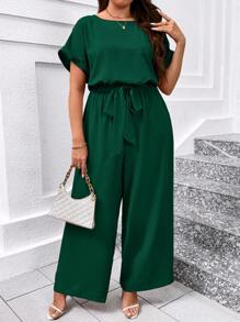 SHEIN Clasi Plus Size Elegant Round Neck Jumpsuit With Waist Belt & Wide Leg,Office Outfits For Women - Dark Green - View 1