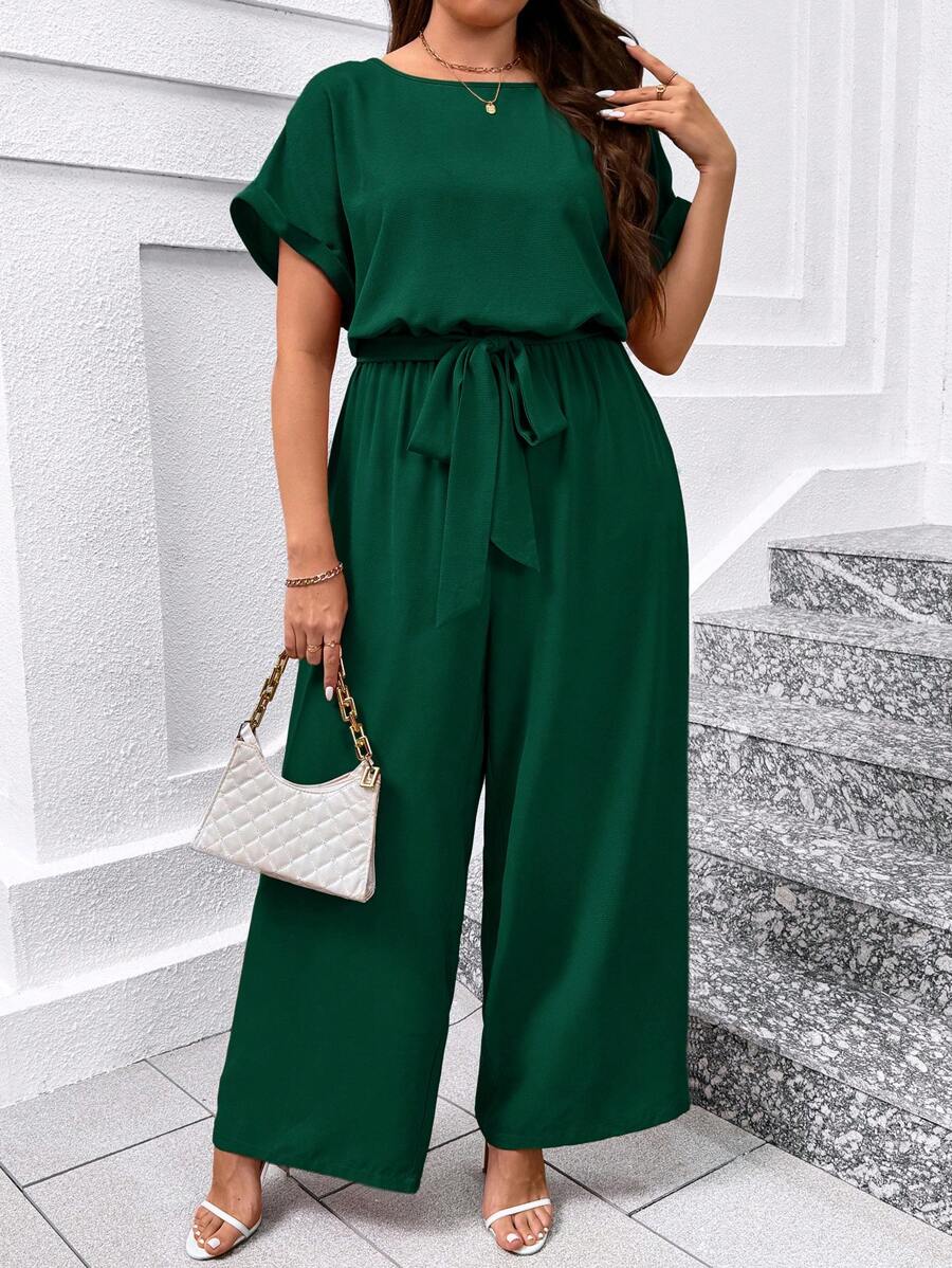 SHEIN Clasi Plus Size Elegant Round Neck Jumpsuit With Waist Belt & Wide Leg,Office Outfits For Women - Dark Green - View 1
