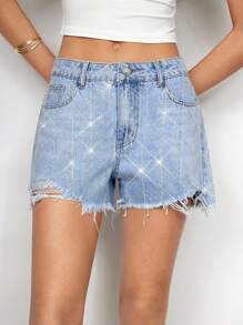 Maija Blauwe denim shorts met glinsterende strass-versiering en franje voor dames