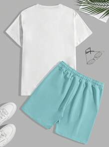 RueChic Ensemble de 2 pièces homme : t-shirt regular avec poche étiquetée et short avec cordon de serrage à la taille, en coton