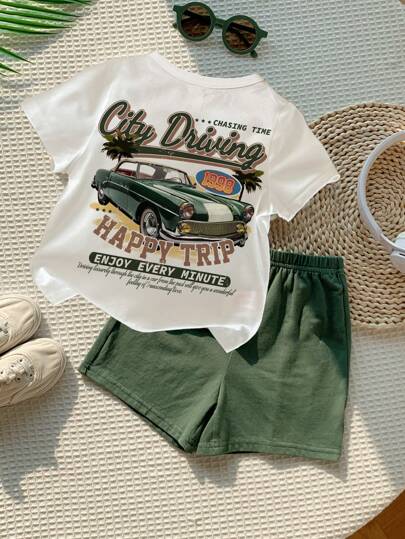 SHEIN 2 st/set Casual tecknad grafisk kortärmad topp och shortsset för unga pojkar, lämplig för sommaren