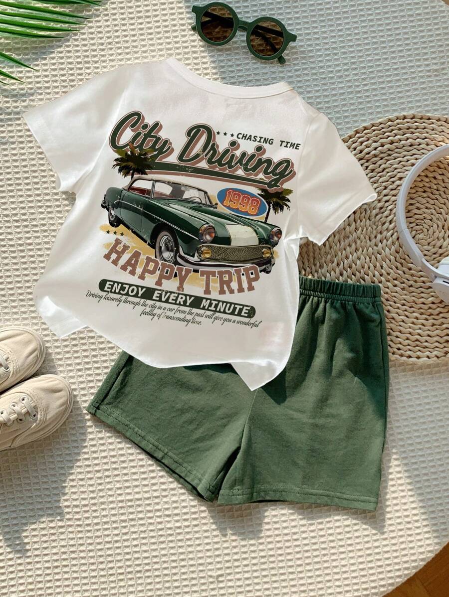 SHEIN 2 件套休闲卡通图案短袖上衣和短裤套装，适合男孩，适合夏季 - 彩色 - 查看 1