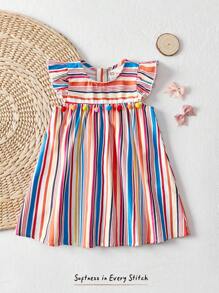 Cozy Pixies 女童彩色条纹荷叶边装饰圆领无袖束腰连衣裙 - 紅色 - 查看 1