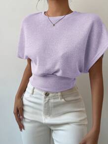 Aloruh Camiseta casual de mujer de cuello redondo, mangas tipo murciélago y unicolor con cintura