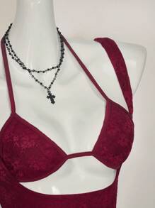 SHEIN ICON Y2K 性感节庆酒红色蕾丝吊带背心和多层迷你裙 2 件套 - 酒紅色 - 查看 9