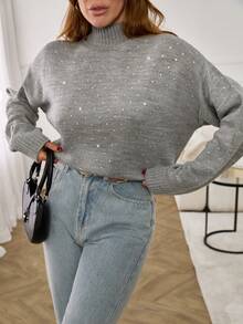 EURMUSE 女士银色配饰精致高领毛衣舒适套头衫 - 灰色 - 查看 4