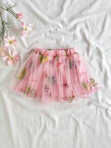 SHEIN Falda de gasa con bordado floral rosa, estilo princesa casual para niñas bebé en primavera y verano - Rosa Pálido - Ver 3