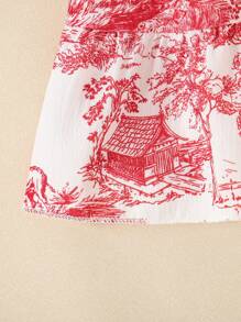 Souflis Souflis 女宝宝中国风复古水墨天使红泡泡袖花卉刺绣前开襟轻松穿着夏季多巴胺优雅连衣裙 - 彩色 - 查看 6