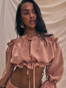 MUSERA Off The Shoulder Long Sleeve Ruched Tie Top Spring Summer Vacation Cute Top Holiday - Orange - View 4