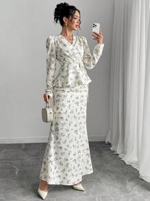 Modelyn 2pcs Women Ditsy Floral Long Sleeve Blouse And Midi Skirt Set, Elegant Holiday Outfit