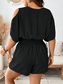 SHEIN LUNE Plus Size V-Neck Shirred Shirred Waist Jumpsuit