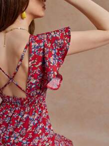 Écloséra Summer Holiday V-Neck Sleeveless Waist Drawstring High Slit Backless Dress - Red - View 3