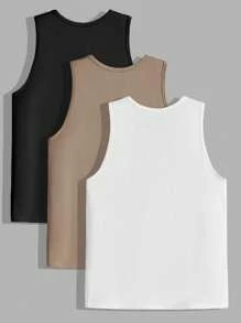 SHEIN 3 stuks/set casual tanktops voor tienerjongens, zwart, koffie, wit, koop er 2 en krijg er 1 gratis, veelzijdig voor dagelijks gebruik, sport, homewear, lente en zomer
