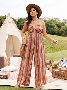 SHEIN LUNE Plus Size Bohemian Print Jumpsuit - Multicolor - View 3
