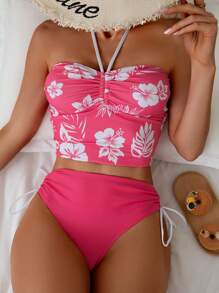 SHEIN Floral Print Halter Neck Tankini Swimwear Set - Multicolor - View 5