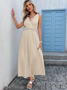 SHEIN VCAY Women's Solid Color Waist Spliced Lace Sleeveless Elegant Dress, Suitable For Vacation,Bohemia - Apricot - View 5