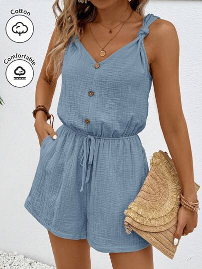 SHEIN Frenchy Kadın Doku Düğme Dekor Elastik Bel Yaz Basit Rahat Tulum Şort Kadın Tulum Şort Kadın Keten Tulum Rahat Tulum