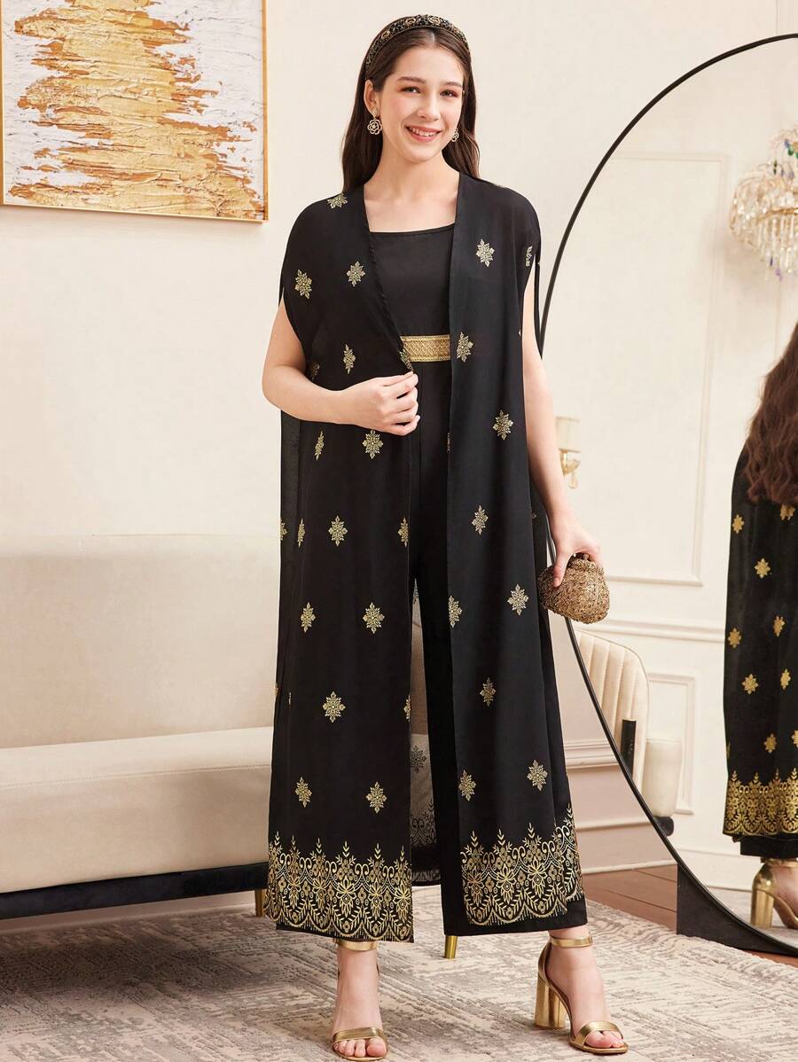 SHEIN Teen Girl Eid Al-Adha, National Day, Ramadan Luxury , Glamorous, Vintage/Boho, Festival, Elegant, Foil Print Shawl Jacket And Jumpsuit Set - Black - View 1