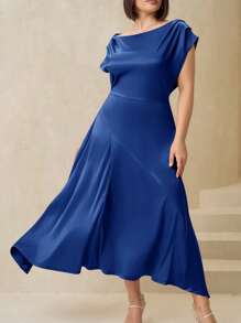 SHEIN Clasi Plus Size Women Spring Satin Asymmetric Ruffle Hem Elegant Dress,Formal Dresses For Women - Navy Blue - View 2