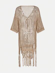 Maija 女士度假纯色前系带镂空流苏下摆罩衫连衣裙 - 卡其色 - 查看 7