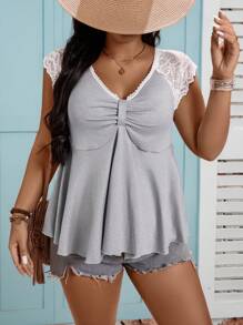 SHEIN LUNE Plus Size Women Lace Patchwork Bow Front Short Sleeve Solid Color Top Tee - Grey - View 6