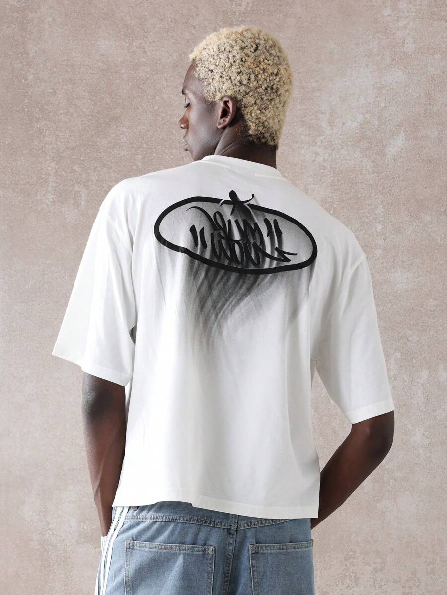 SUMWON 超大图案 T 恤街头风格都市风格背部印花徽标设计男女休闲夏季棉混纺 T 恤节日音乐会时尚青年文化宣言 - 白色 - 查看 1