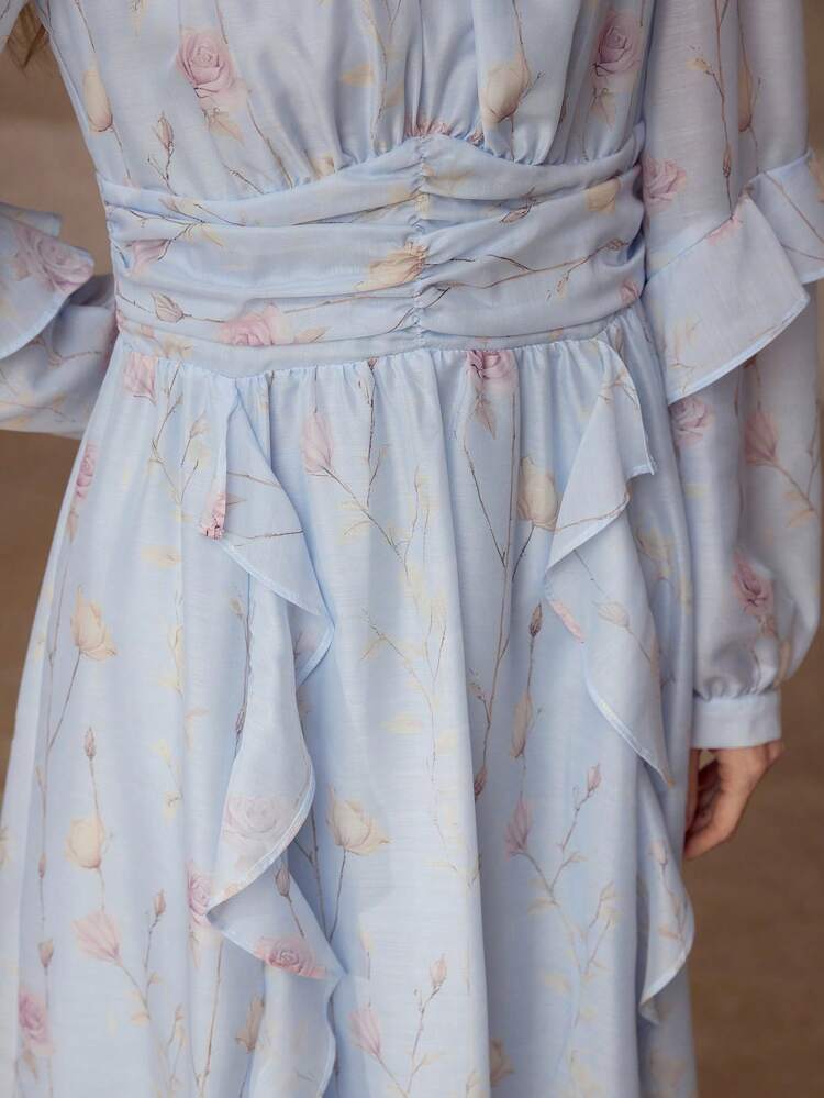 FLORAL PRINT RUFFLE LONG DRESS