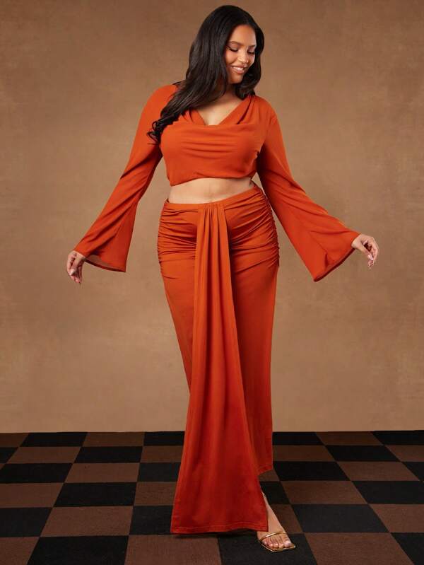 Hauture Blusa de manga larga semitransparente de color óxido elegante y de talla grande para mujer con drapeado delantero, blusas de mujer, blusas cortas de mujer, blusas de verano, blusas cortas, blusas para salir, blusas de vacaciones. Para citas nocturnas, conciertos, actuaciones, fiestas, clubes, festivales de música